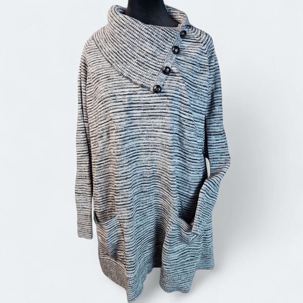 EIGHT EIGHT EIGHT | Grey White Striped Cowl Neck Sweater Pockets‎ Buttons | 2X